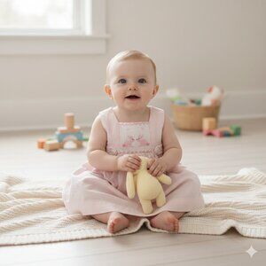 Edgehill Collection Pink Linen Bunny Embroidered Smocked Dress Baby Girl Size 6M